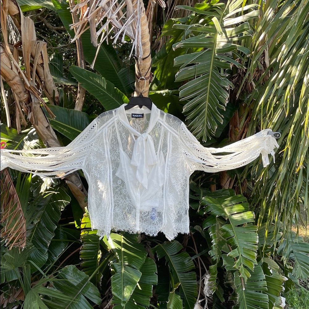Unique sheer ruffled lace blouse with or tie and  ribbon, fringe  statement slee